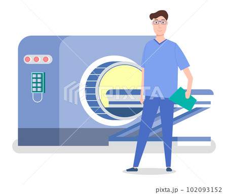 Magnetic resonance therapy . Doctor in blue suit is standing near apparatus for computed tomography 102093152