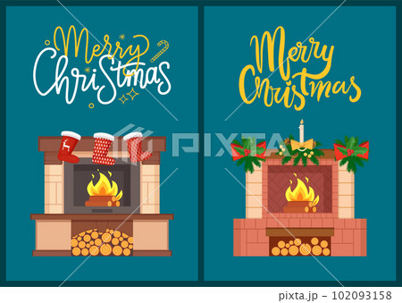 Merry Christmas Fireplace Decorated with Socks Merry Christmas Fireplace Decorated with Socks 102093158