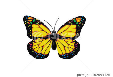 Yellow butterfly isolated on white background top view. Yellow butterfly with multi colored spots as an element for design. Yellow butterfly isolated on white background top view. Yellow butterfly with multi colored spots as an element for design. 102094126