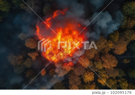 Top view of raging forest fire. Rapidly spreading wildfire 102095176