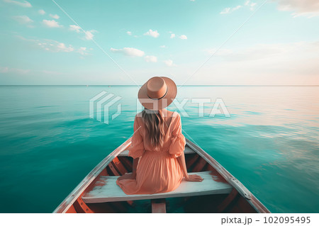 Back view of young woman traveling by boat at sunrise among the sea. Generative AI illustration 102095495