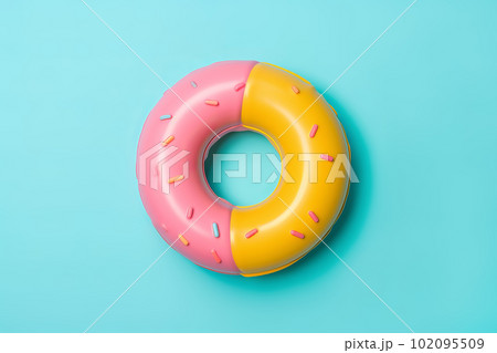 Inflatable pink and yellow donut ring floating on a blue background. Generative AI illustration 102095509