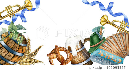 Wooden barrel, pint beer, accordion, rye watercolor illustration isolated on white. Wooden barrel, pint beer, accordion, rye watercolor illustration isolated on white. 102095525