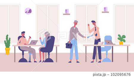 Handicapped people working in office. Inclusive workplace with people with disabilities. Men with hand and leg prosthesis 102095676