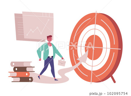 Business goals achievements. Cartoon male employee with briefcase going to aim, office worker with ambition 102095754