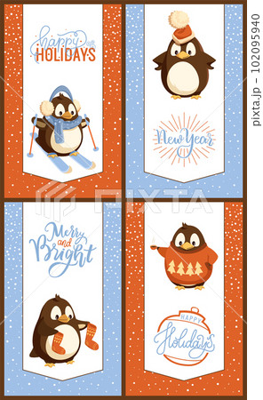 Happy Holiday Penguins Skiing Wearing Warm Hat Happy Holiday Penguins Skiing Wearing Warm Hat 102095940