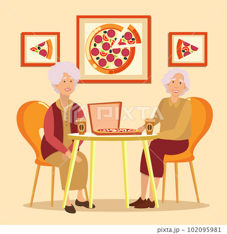 Two women sit at the table and eat fastfood in restaurant. Female characters visit cafe to buy pizza Two women sit at the table and eat fastfood in restaurant. Female characters visit cafe to buy pizza 102095981