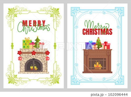 Merry Christmas, Stone Fireplace New Year Decor 102096444