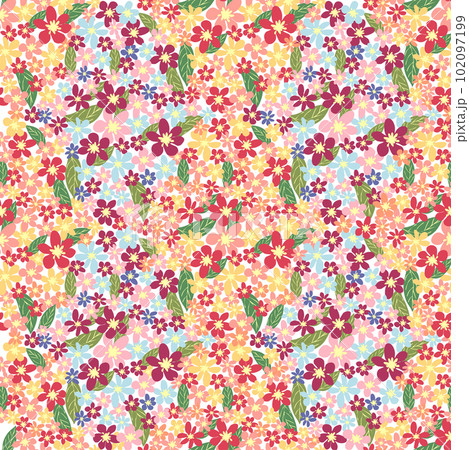 Fantasy seamless floral pattern with blue, pink, purple, red, orange flowers and leaves. Elegant template for fashion Fantasy seamless floral pattern with blue, pink, purple, red, orange flowers and leaves. Elegant template for fashion 102097199