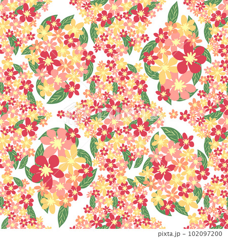 Fantasy seamless floral pattern with blue, pink, purple, red, orange flowers and leaves. Elegant template for fashion Fantasy seamless floral pattern with blue, pink, purple, red, orange flowers and leaves. Elegant template for fashion 102097200