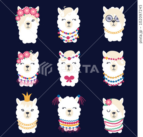 Llama set of cute animals. White alpaca with different muzzles 102097245