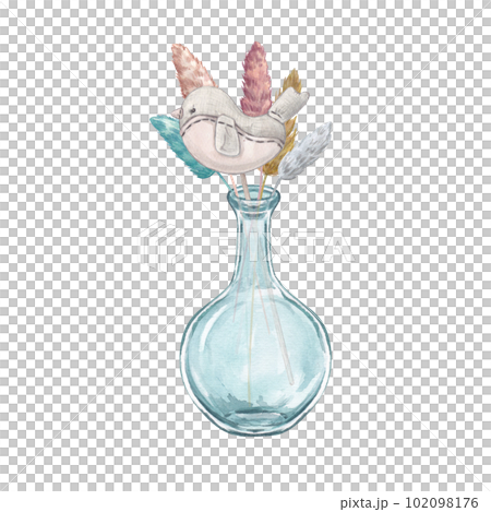 Dried flowers in a glass vase with a bird made of fabric isolated on a white background Watercolor illustration of Provencal flowers. French style. Botanical flowers. Suitable for postcards, design 102098176