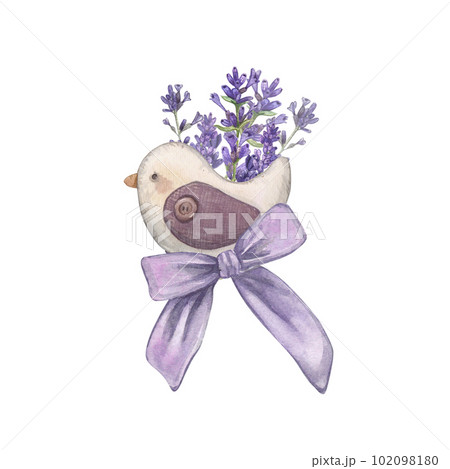 Lavender with a bird made of fabric and a bow isolated on a white background Watercolor illustration of jewelry with Provencal flowers. French style. Botanical flowers. Suitable for postcards, design Lavender with a bird made of fabric and a bow isolated on a white background Watercolor illustration of jewelry with Provencal flowers. French style. Botanical flowers. Suitable for postcards, design 102098180