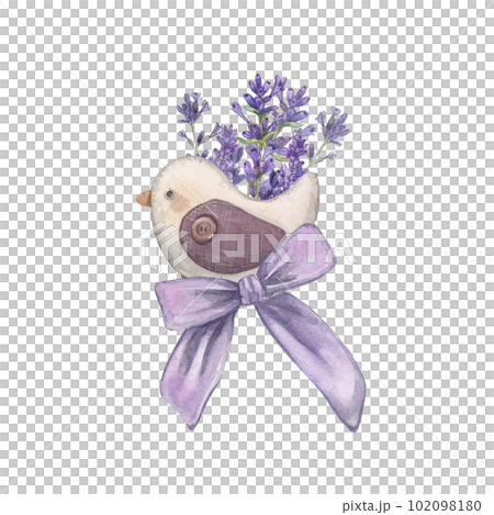 Lavender with a bird made of fabric and a bow isolated on a white background Watercolor illustration of jewelry with Provencal flowers. French style. Botanical flowers. Suitable for postcards, design Lavender with a bird made of fabric and a bow isolated on a white background Watercolor illustration of jewelry with Provencal flowers. French style. Botanical flowers. Suitable for postcards, design 102098180