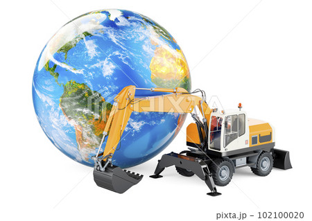 Excavator with Earth Globe, 3D rendering Excavator with Earth Globe, 3D rendering 102100020