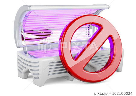 Horizontal tanning bed with forbidden symbol, 3D rendering Horizontal tanning bed with forbidden symbol, 3D rendering 102100024
