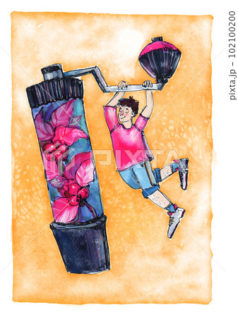 Watercolor fantasy stylized illustration, coffee lover guy and coffee grinder, coffee tree drawing, yellow background Watercolor fantasy stylized illustration, coffee lover guy and coffee grinder, coffee tree drawing, yellow background 102100200