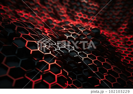Network connection concept red honeycomb shiny background. Futuristic Abstract 3D Geometric Background Design Made with Generative Space Illustration AI Scy fi 102103229
