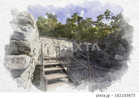 水彩画風 屋嶋城 城門 香川県高松市 水彩画風 屋嶋城 城門 香川県高松市 102103675