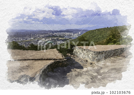 水彩画風 屋嶋城 城門 香川県高松市 水彩画風 屋嶋城 城門 香川県高松市 102103676