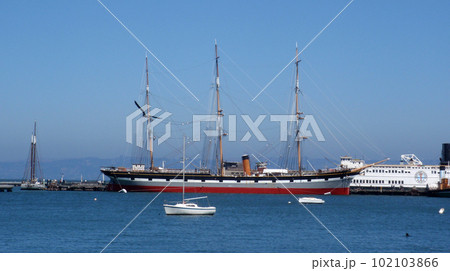 bird flies by historic boat at Aquatic Park 102103866