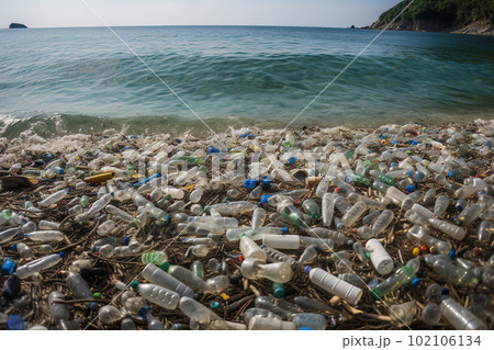 Plastic waste on sea or ocean shore. Global pollution concept. Generative AI Plastic waste on sea or ocean shore. Global pollution concept. Generative AI 102106134