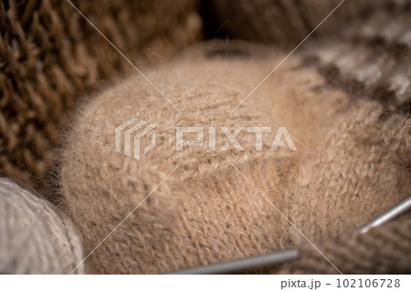 Hand knitting, heel at woolen sock.  102106728