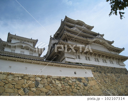 城壁から見上げた姫路城の天守閣の雄姿 102107314