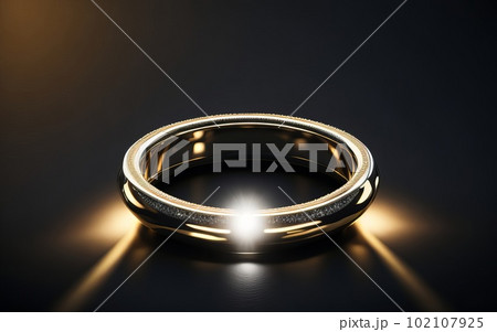 A black background with a light beaming in the middle of the ring and a shiny gold ring on it. Generative AI. A black background with a light beaming in the middle of the ring and a shiny gold ring on it. Generative AI. 102107925