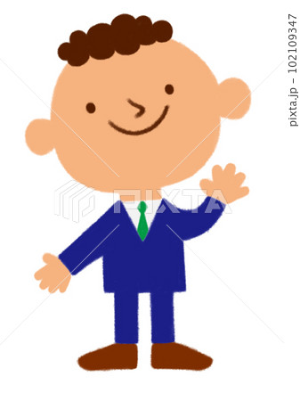 右手をあげて笑顔で挨拶する男性社員 102109347