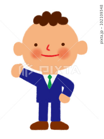 左手拳をあげて腰に手をおく男性社員 102109348