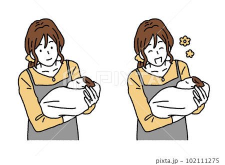 シンプルなタッチ　おくるみの赤ちゃんを抱くお母さんのイラストレーション 102111275