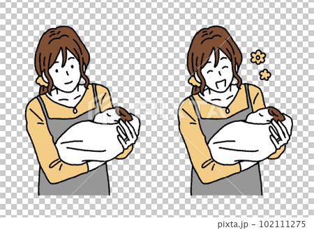 シンプルなタッチ　おくるみの赤ちゃんを抱くお母さんのイラストレーション 102111275