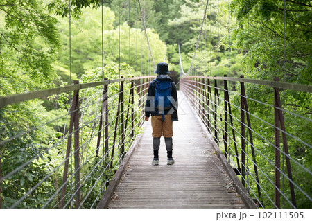 新緑の中、子供のレジャーやアウトドアイメージ　夏休みや親子のお出かけ探検などに コピースペースあり　 102111505