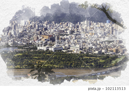 水彩画風　高松市街地　高松パブリックゴルフコースと屋島大橋　香川県高松市 102113513