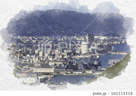 水彩画風　高松市街地　高松駅周辺　香川県高松市 102113518