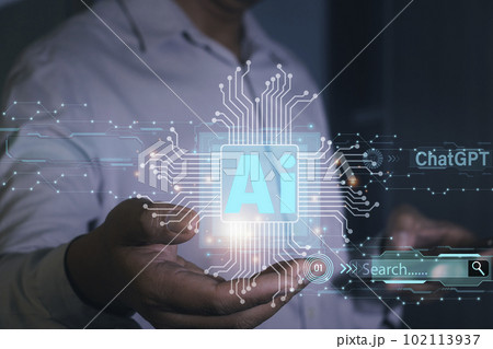 Ai or Artificial Intelligence.Young businessman  with ChatGPT Chat for searching data management. ChatGPT or chatbot developed by OpenAI.Photo concept of Ai and technology. 102113937