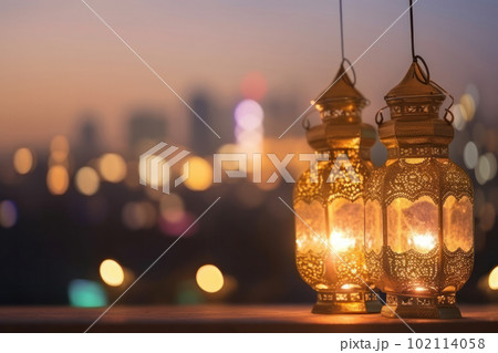vintage lantern with warm glow, surrounded by bokeh city lights, creates a cozy ambiance for the Muslim feast of Ramadan Kareem. Ai Generative vintage lantern with warm glow, surrounded by bokeh city lights, creates a cozy ambiance for the Muslim feast of Ramadan Kareem. Ai Generative 102114058
