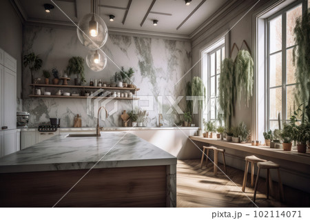 Discover the perfect combination of functionality and elegance in this modern kitchen, featuring a beautiful marble countertop and practical appliances. Created with Generative AI. 102114071