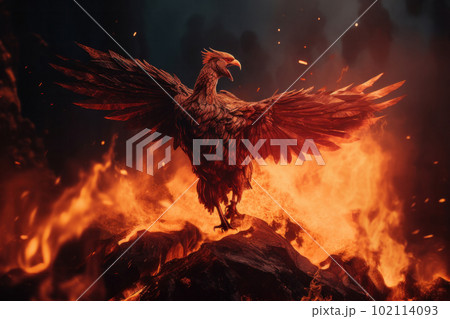A fiery phoenix with outstretched wings stands in front of a blazing inferno, showcasing the beauty of nature's power. AI Generative A fiery phoenix with outstretched wings stands in front of a blazing inferno, showcasing the beauty of nature's power. AI Generative 102114093