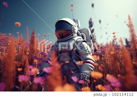 A surreal encounter between an astronaut in a space suit and a butterfly in a field of colorful flowers on an alien landscape. Perfect for science fiction and fantasy concepts. AI Generative. 102114112