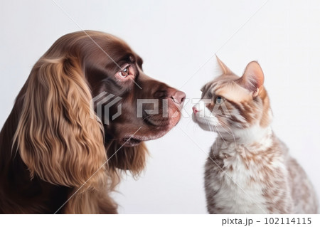 Domestic animals, a cat and dog, sitting together with adorable expressions, showing the beauty of pet ownership. AI Generative. 102114115