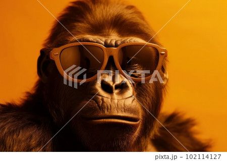 Witness the strength and power of this gorilla as he rocks a pair of sunglasses on a bright yellow background. A true force of nature. AI Generative. Witness the strength and power of this gorilla as he rocks a pair of sunglasses on a bright yellow background. A true force of nature. AI Generative. 102114127