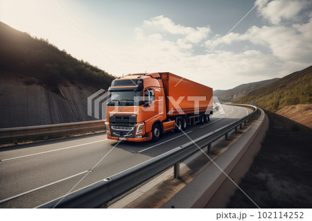 A semi truck hauling a trailer full of goods at sunset, with the mountains in the background navigating tough terrain to make deliveries. AI Generative. 102114252
