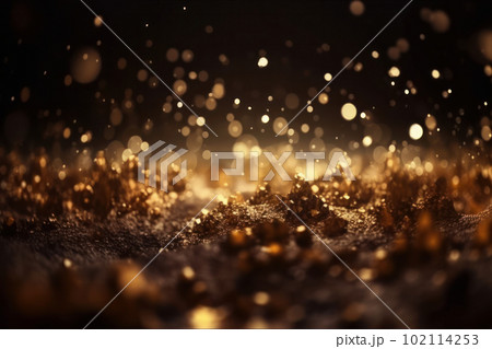 Golden glitter particles on a dark backdrop with shiny bokeh lights and metallic texture. Festive decoration for luxury party and celebration. AI Generative. 102114253