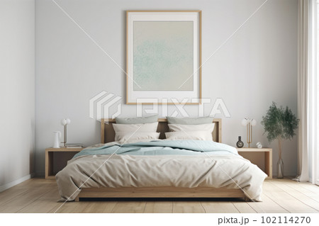 Cozy bedroom interior with a mockup poster frame on a white wall, complemented by modern furniture, greenery, and soft bedding. The ambiance is peaceful and serene. This mockup is AI generative. 102114270