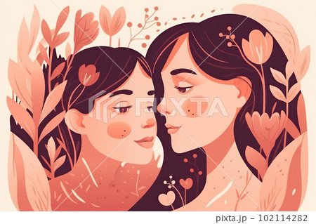 The serene and peaceful nature of the outdoors provides the perfect setting for a mother and child's embrace in a field of flowers, making it a great choice for Mother's Day. AI Generative 102114282