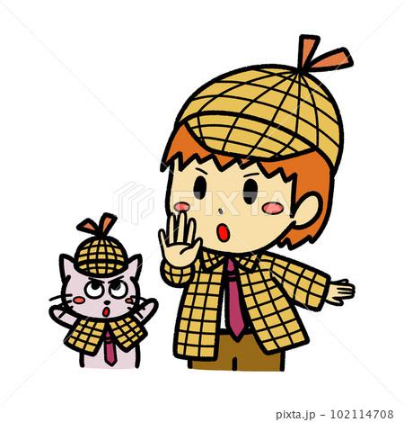 止まれポーズをとる探偵コンビの男の子とネコのイラスト 止まれポーズをとる探偵コンビの男の子とネコのイラスト 102114708