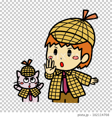 止まれポーズをとる探偵コンビの男の子とネコのイラスト 止まれポーズをとる探偵コンビの男の子とネコのイラスト 102114708