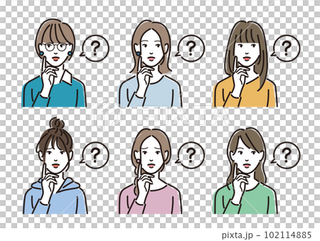 疑問の声とカジュアルな服装の女性のセット 疑問の声とカジュアルな服装の女性のセット 102114885